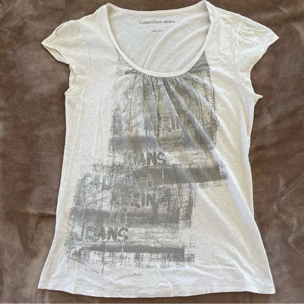 Calvin Klein Jeans Women's White Graphic Tee Marled Cotton Gathered Size L